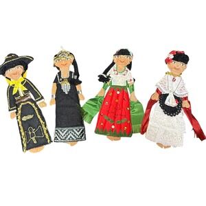 Vintage Flat Lay Folk Art Dolls‎ Set of 4 Handmade Cultural Souvenir Dolls